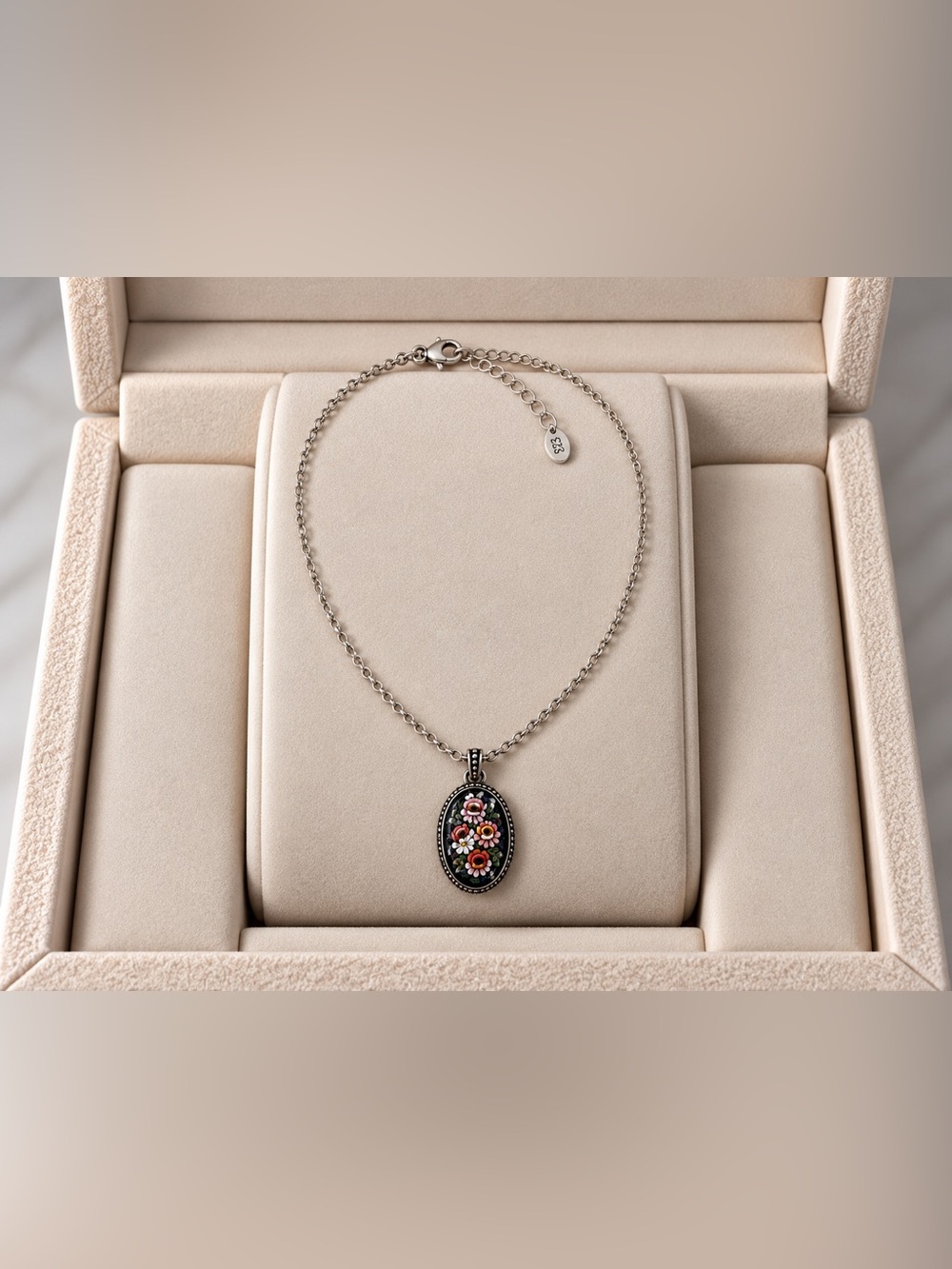 Sterling Silver Floral Enamel Florence MosaicOval Pendant Necklace